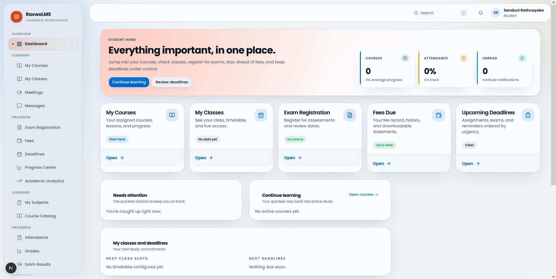 RaxwoLMS student dashboard with courses, classes, exams, and deadlines