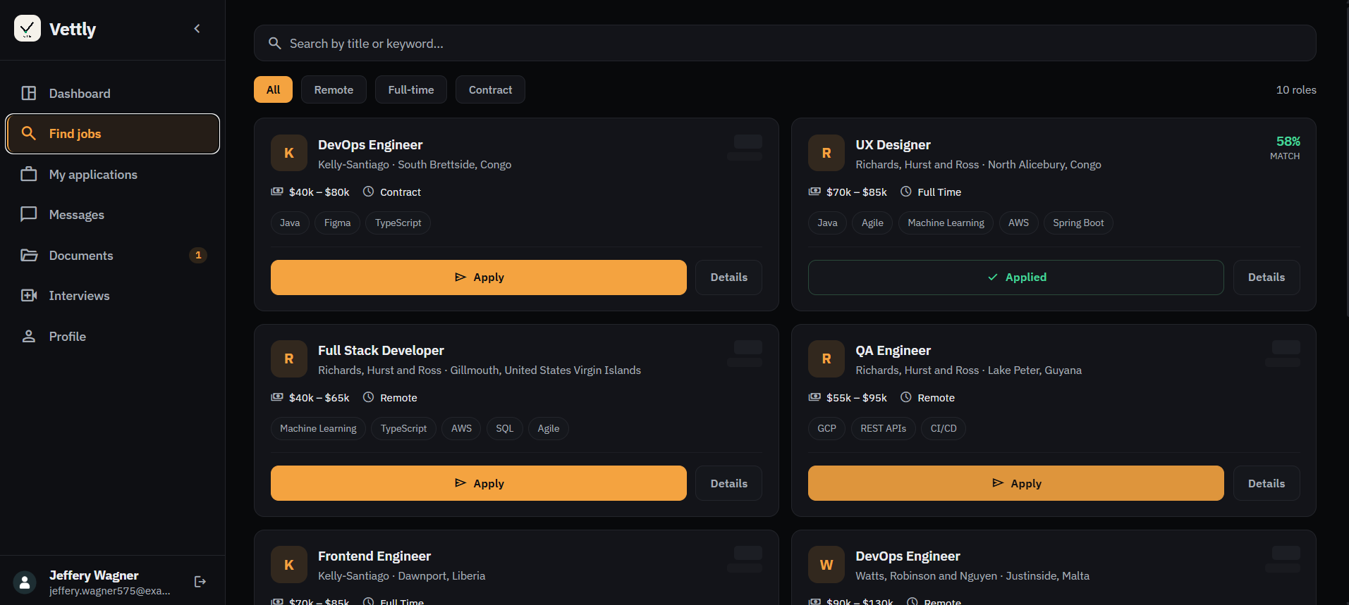 Vettly job search screen with job listings and filters