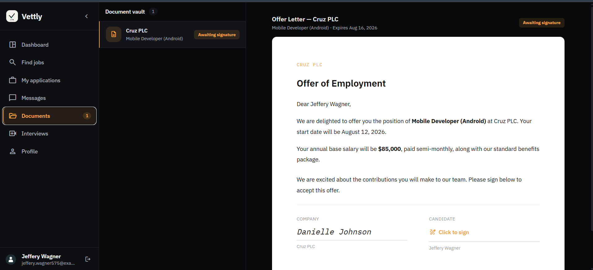 Vettly offer document and signature screen