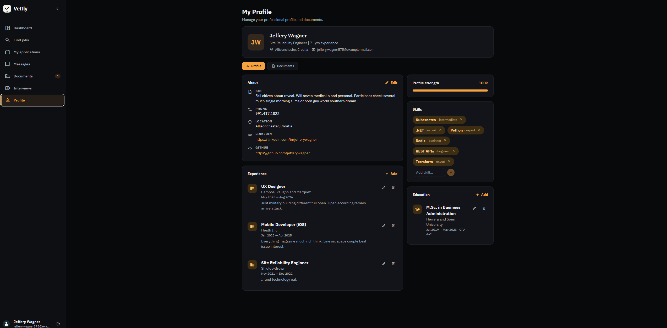 Vettly profile management screen